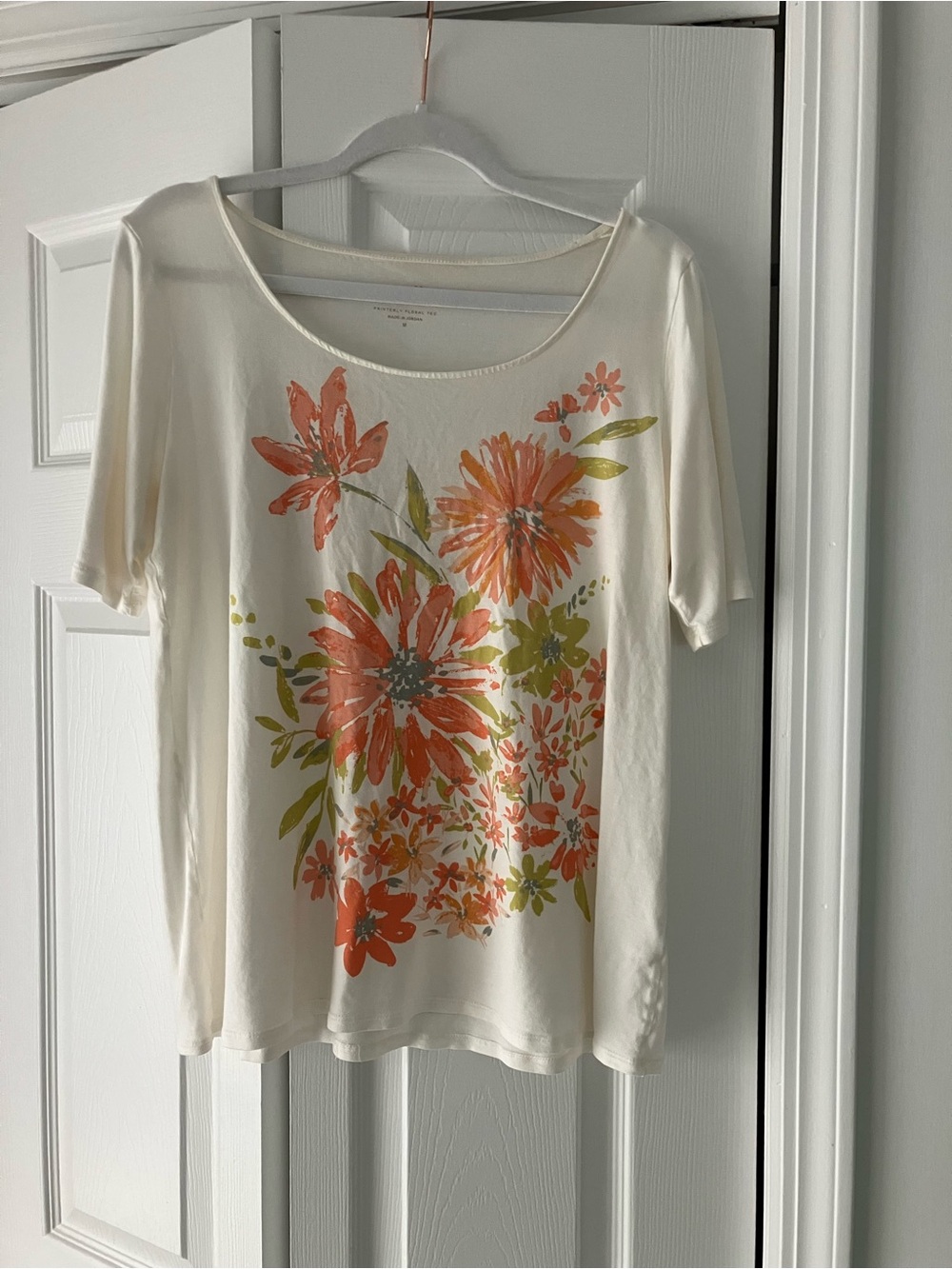 J. Jill Cream Short-Sleeve Scoop Neck Top with Orange Floral Print